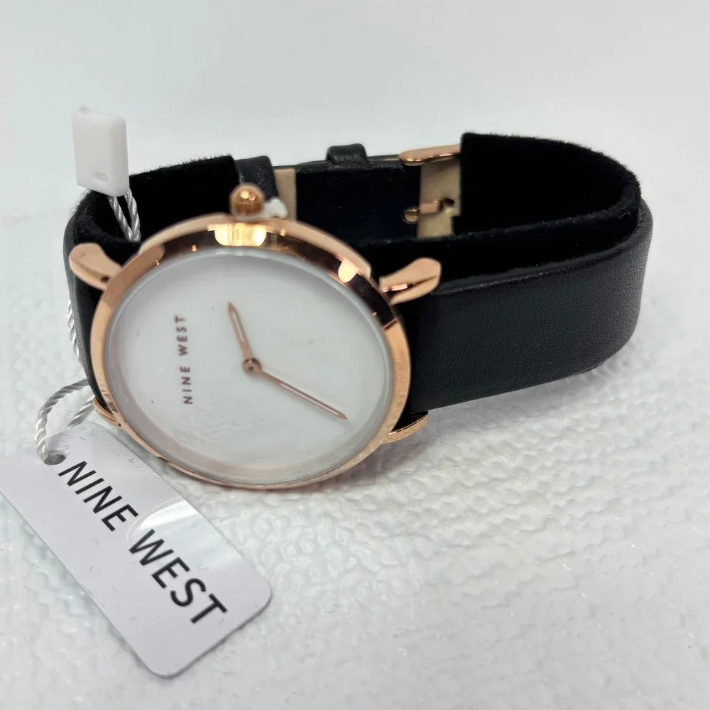 Nine‎ West Gold Tone Watch New with Tags Elegant White Face Black Strap Women's